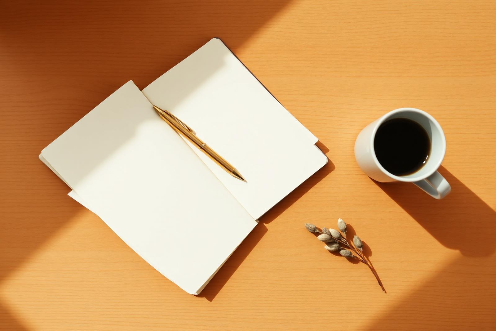 Open notebook, pen and coffee in warm morning light