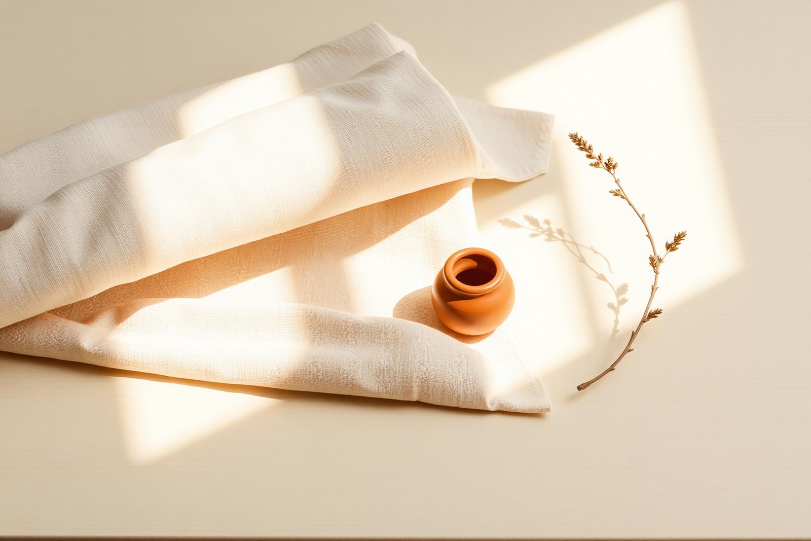 Folded linen and a small terracotta vessel in soft sunlight