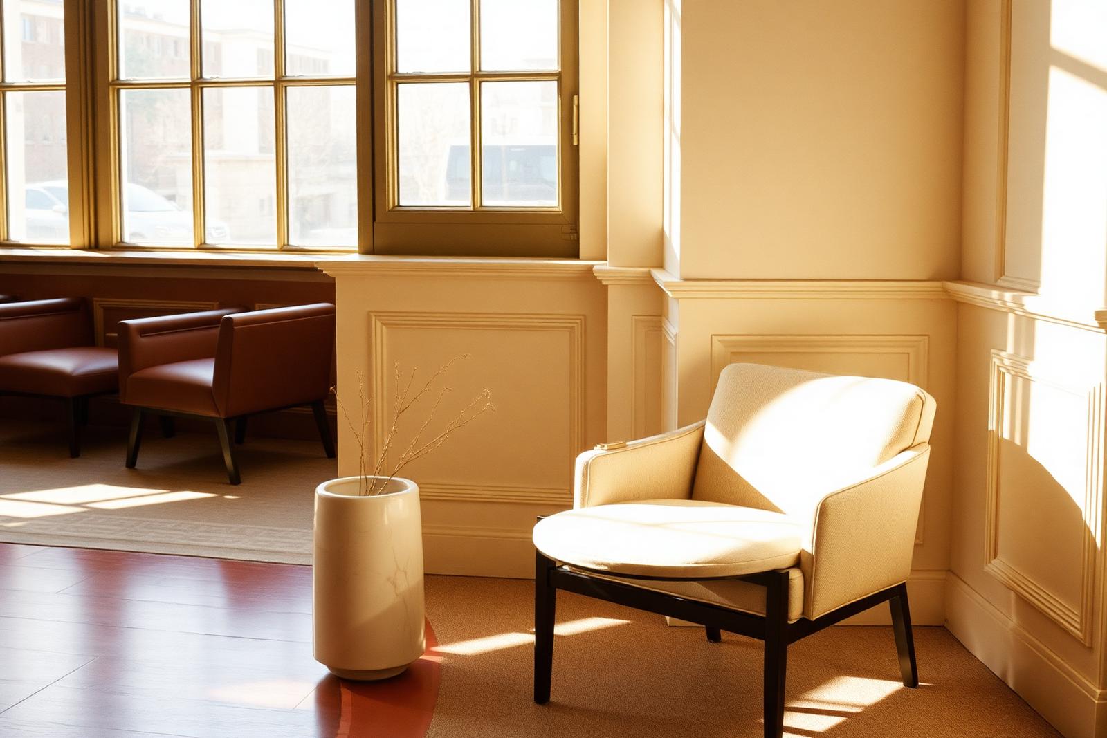 Sunlit hotel lobby detail with linen armchair