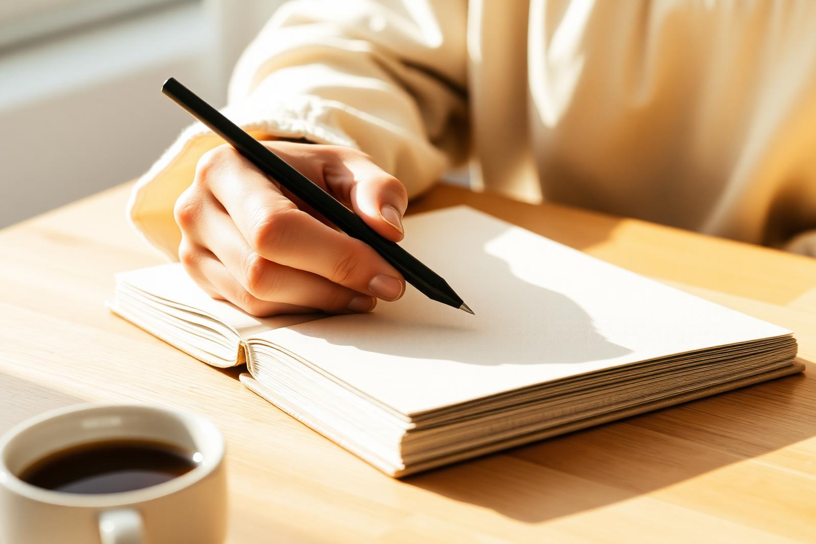 Hands writing in a cream notebook in warm sunlight